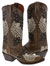 Womens Brown Cowboy Boots Western Embroidered Rhinestones Snip Toe - $107.99
