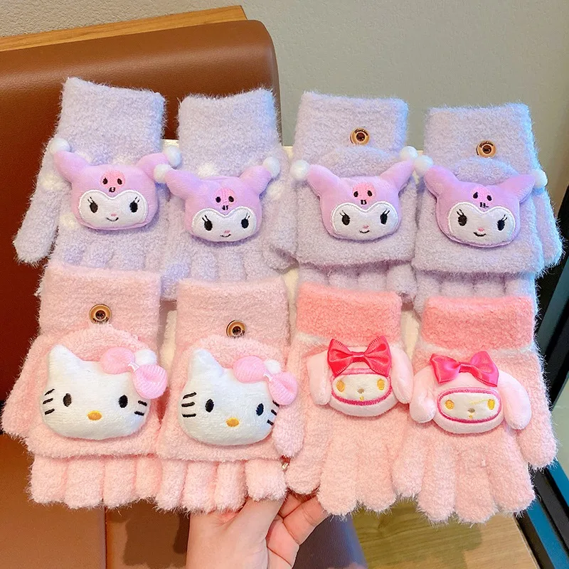 New Sanrio Hello Kitty My Melody Kuromi Gloves Child Anime Cartoon Knitting Yarn - £6.64 GBP+