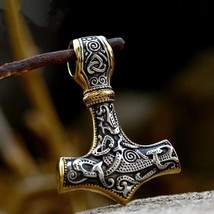 Mens Gold Norse Viking Thors Hammer Mjolnir Pendant Necklace Stainless Steel - £8.64 GBP