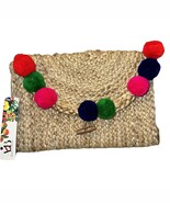 NWT America &amp; Beyond Pom Pom Straw Clutch Jute Straw Handbag Bohemian Bo... - €24,08 EUR
