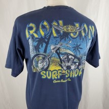 Ron Jon Surf Shop T-Shirt Large Blue Cocoa Beach Florida Motorcycle Thrashed - $17.99