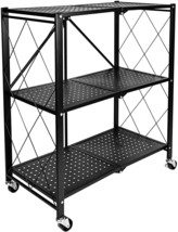 3-Tier Heavy Duty Foldable Metal Rack Storage Shelving Unit W/ Wheels 75... - $98.79