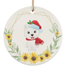 Cute Baby Samoyed Dog Lover Ornament Sunflower Wreath Xmas Gift Pine Tree Decor - £11.82 GBP