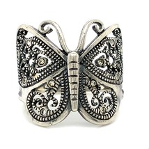 Vtg Signed Sterling Silver Filigree Butterfly with Rhinestone Ring Band sz 8 3/4 - £31.64 GBP