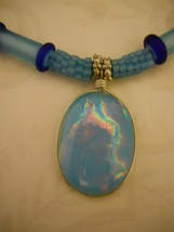 Necklace: Light Blue Beaded Beads, Cobalt Blue Accents, Dichroic Pendant, Silver - £71.14 GBP