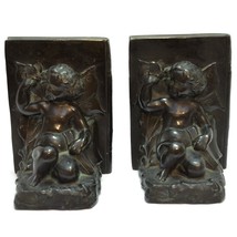 Antique Vintage Detailed Frog Butterfly Cherub Metal Bookend Set  - £72.74 GBP