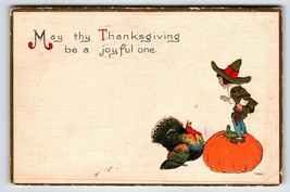 Joyful Thanksgiving Turkey Pilgrim Large Pumpkin Postcard 1913 Bergman Ser 7037 - £8.93 GBP