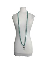 Faux Turquoise Long 50&quot; Beaded Necklace Ornate Cross Pendant 2 Rings Southwest - £19.88 GBP
