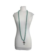 Faux Turquoise Long 50&quot; Beaded Necklace Ornate Cross Pendant 2 Rings Sou... - £19.40 GBP