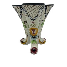 Three Horn Cornucopia Vase Ceramic Hand Painted Floral from Portugal Num... - $37.36