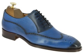 Brogues Toe Blue Color Wing Tip Stylish Genuine Leather Oxford Lace Up Men Shoes - $149.99+