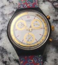 Vintage 90&#39;s Swatch Chrono Watch &#39;Award&#39; SCB108 Paisley Face Design Working - £58.76 GBP