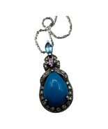 14k White Gold Italy 28&quot; Necklace 925 Sterling Pendant Blue &amp; Pink Gemst... - $93.49