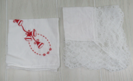 Vintage hankies handkerchiefs white wide lace border + red Christmas bells lot 2 - £7.86 GBP