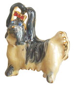 Shih Tzu Dog Shirt Pin Animal Enamel Body Blue Crystal Eyes With Pink Bow - £9.55 GBP