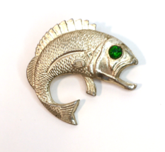 Big Mouth Bass / Trout Fish Brooch Pin Gold Tone Green Rhinestone Eye Ho... - £15.84 GBP