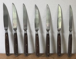 Set Lot 7 Vtg Mid Century Wood Wooden Handle Serrated Steak Knives 4.25”... - $19.79
