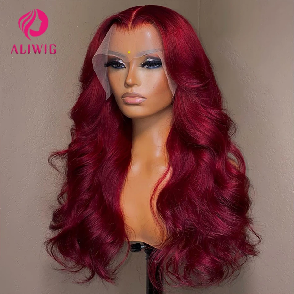 Burgundy 99J Body Wave Lace Front Wig Red Colored Human Hair Wigs Glueless Loo - £40.37 GBP+