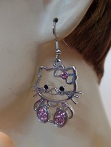 Hello Kitty Pierced Earrings Silvertone &amp; Pink Sparkles  Dangle - £15.82 GBP