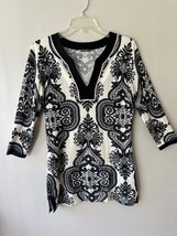J.McLaughlin Sz S Black Ivory Sweater Stretch Pullover Tunic Blouse V Neck - $18.44