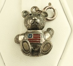 Vtg Sterling 925 Rare Enamel Teddy Bear with USA Flag Charm Pendant Sign LT Thai - £37.89 GBP