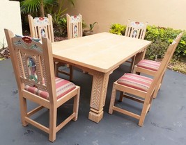 VTG Spanish Style Hand Carved Solid Wood Table w 6 High Back Chairs Hummingbird - £1,558.45 GBP