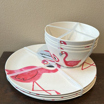 Natrally Danny Seo Flamingo ECO Friendly Bamboo 4 Dinner Plates &amp; 4 Bowl... - $44.98