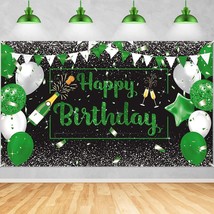 Green Silver Black Birthday Banner Decorations Green Happy Birthday Backdrop Cha - £15.97 GBP