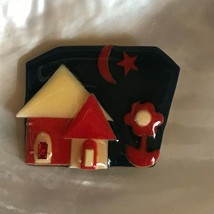 House Pins by Lucinda Red &amp; Cream House w Blue Background Crescent Moon &amp; Star - £10.46 GBP