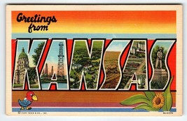 Greetings From Kansas Large Big Letter Postcard Linen Curt Teich Unused ... - £7.43 GBP