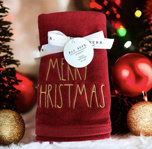 Rae Dunn Merry Christmas Red Gold Hand Towels Guest Bath Set of 2 Embroidered - £29.83 GBP