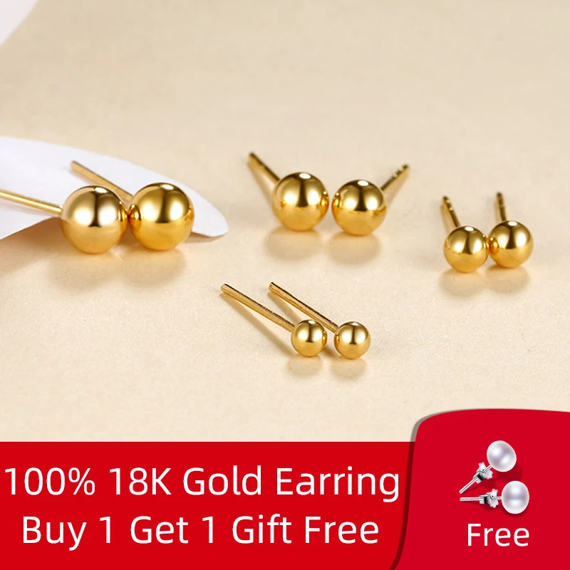 Real Gold Jewelry Stud Earrings Solid AU750 Gold Bead Ball Fine Jewelry Wedding  - £71.35 GBP
