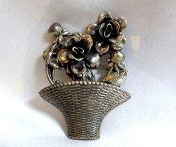 Vintage Sterling Silver Basket with Roses Brooch Pin by Jewel Art - £39.50 GBP