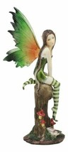 Whimsical Peppermint Elf Fairy Sitting On Tree Stump Statue 9.5&quot;Tall Col... - £27.90 GBP