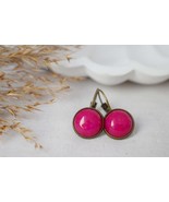 Pink jade earrings, Vintage dangle earrings, Hot pink, Round, 12mm, Gemstone han - $30.90