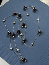 Long Silvertone Chain w Bronze Round &amp; Etched Silvertone Square Bead Nec... - £13.34 GBP