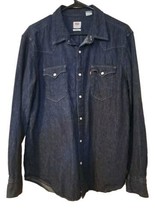 Levi&#39;s Denim Western Pearl Snap Shirt Mens Large Blue Dark Wash Button Up Cowboy - £16.63 GBP