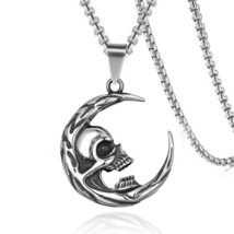 Silver Skull Crescent Moon Pendant Necklace Punk Gothic Jewelry Men Women 24&quot; - £9.58 GBP