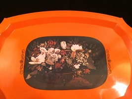 Vintage 70s orange acrylic serving tray with floral art overlay image 2