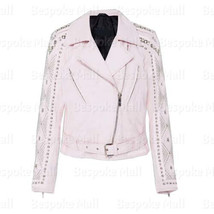 New Women&#39;s Baby Pink Silver Studded Designed Punk Leather Jacket With Skirt-900 - £368.83 GBP