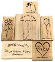 Stampin Up Wooden Rubber Stamps The Fine Print Balloon Flower Heart Bee Umbrella - £14.36 GBP