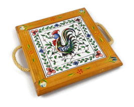 Ceramic rooster tile trivet in wooden holder farmhouse kitchen decor Por... - £20.58 GBP