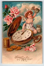 New Year Postcard Cherub Angel Pocket Watch Rose Gold Trimmed Coins Embossed Art - £14.13 GBP