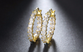 3ct Princess Cut VVS1 Diamond Unique Design Hoop Earrings 14ct Yellow Gold Over - £72.55 GBP
