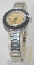 Vtg Timex Watch Womens Silver Tone Black Bezel 1975 Mid century Mod. GUARANTEED - $39.55