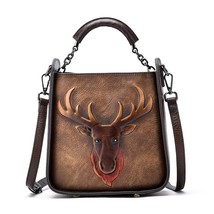 Women Genuine Leather Shoulder Messenger Bags Retro Deer Pattern Vintage Tote Ha - £82.64 GBP