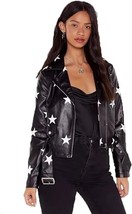 Women&#39;s Black Motorcycle Leather Jacket with Star Patches Biker - £104.23 GBP