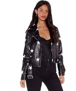 Women&#39;s Black Motorcycle Leather Jacket with Star Patches Biker - $129.99