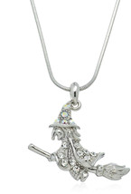 Silvertone Wicked Witch Crystal Pendant Necklace Witch Halloween Jewelry 18 inch - £39.16 GBP