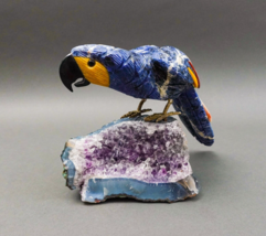 Parrot Macaw Bird Handmade Carved Gemstones On Amethyst Base Sculpture (Read) - £316.97 GBP